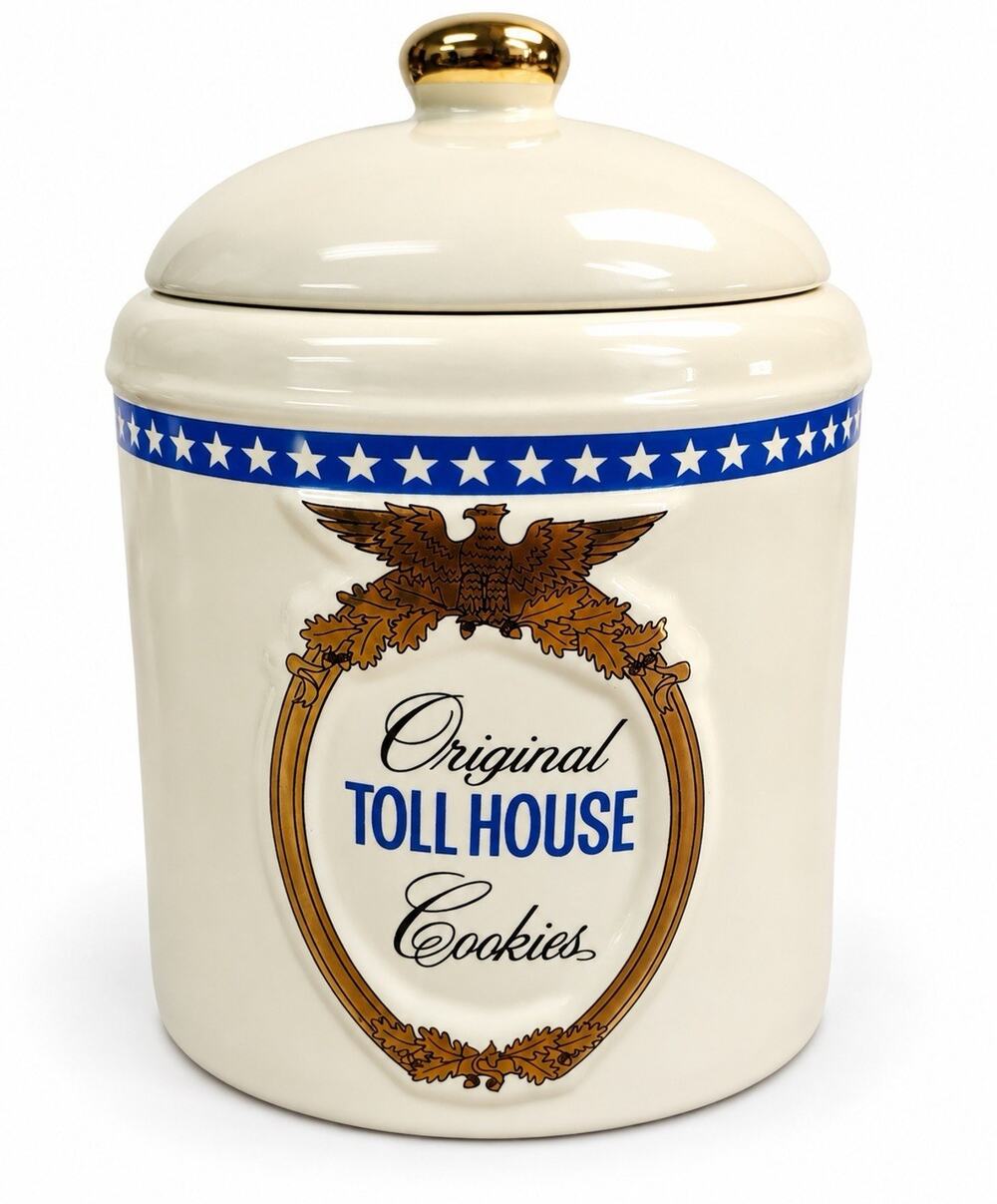 Vintage Nestlé Toll House Cookie Jar Ceramic Lidded Canister 9.5” Eagle Stars
